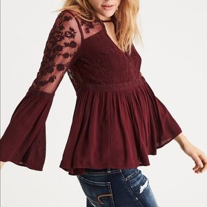 AE Embroidered Mesh Bell Sleeve Top